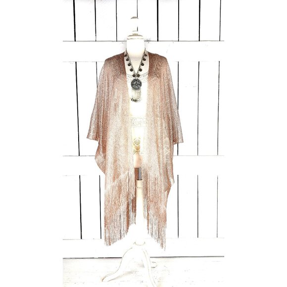 Rose gold metallic mesh kimono cover up fringe jacket - Picture 1 of 6